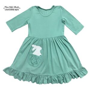 Upper Looper 6Y Handmade Green Bunny Pocket Twirl Dress
